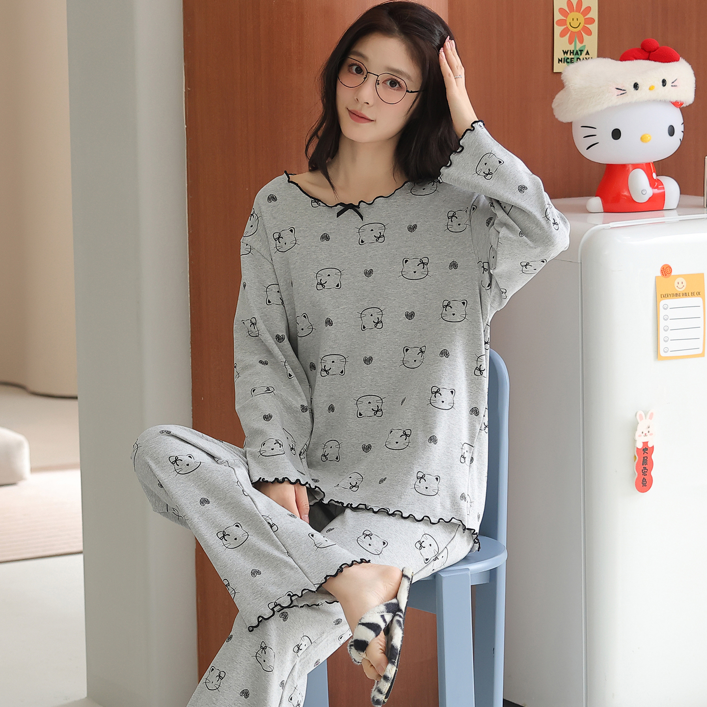 卡之恋睡衣女春秋季新款长袖纯棉可爱满印灰色Kitty萌趣家居服