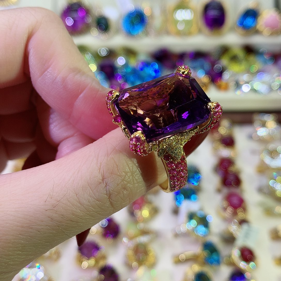 紫晶戒指银S925镀金镶嵌