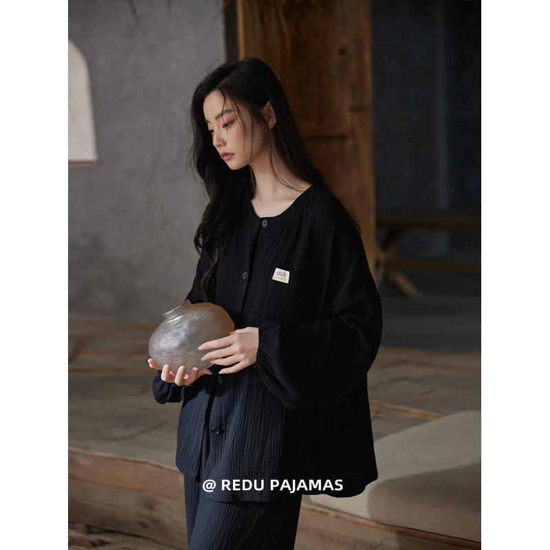 热妒黑色睡衣女长袖春秋季纯棉纱布可外穿带胸垫大码家居服套装