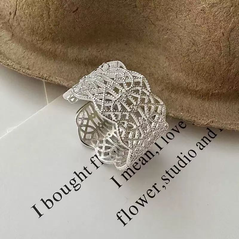 925银戒指 韩国设计师款宽版蕾丝纹理戒指小众高级ins风1081