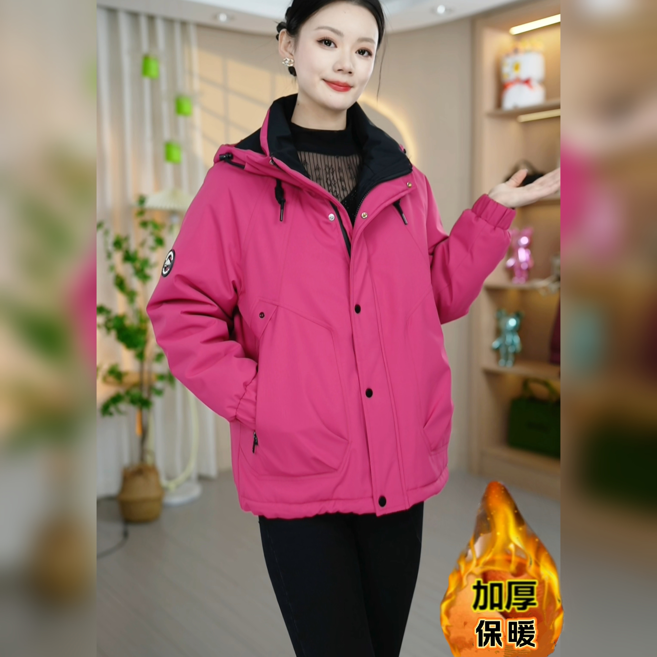 冬季加绒加厚新款长袖女士大码防风百搭时尚休闲连帽派克服外套