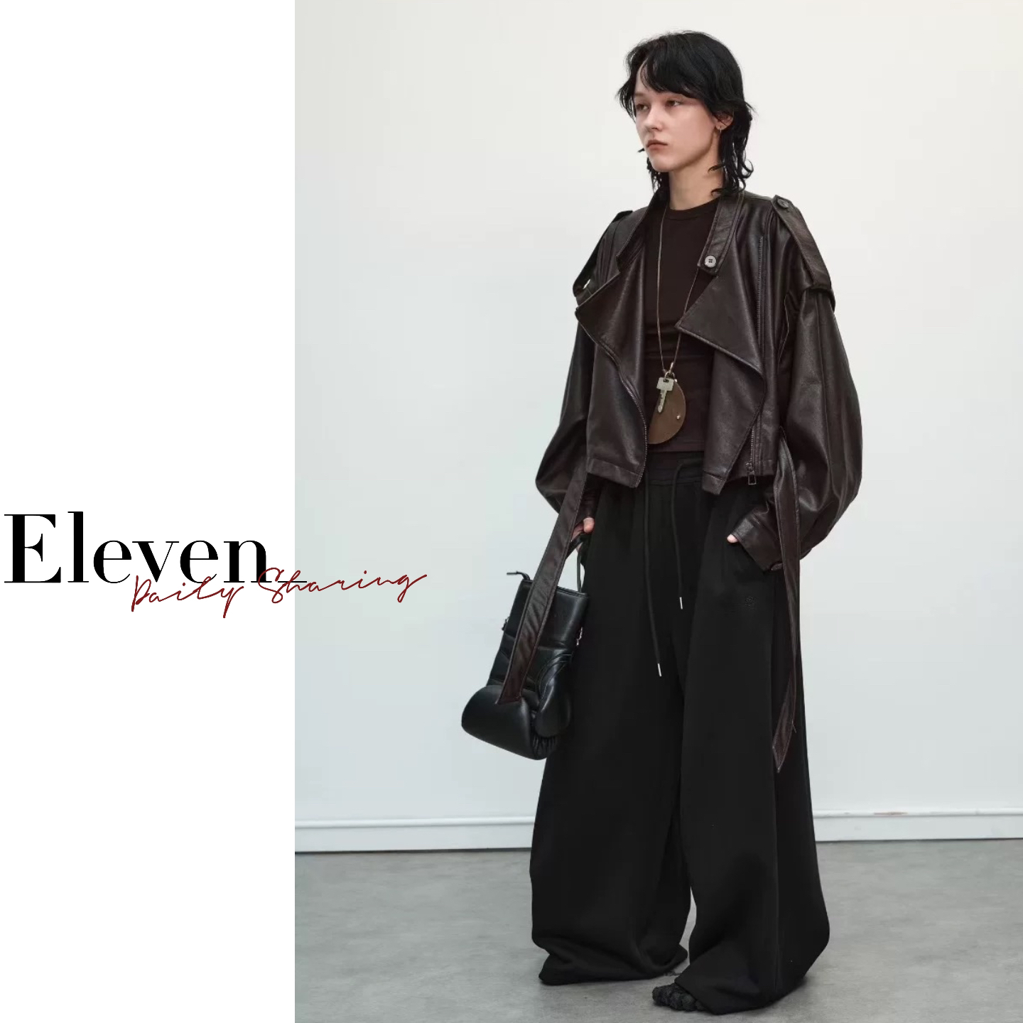 Eleven_  复古美式重工拉链系带短款皮衣