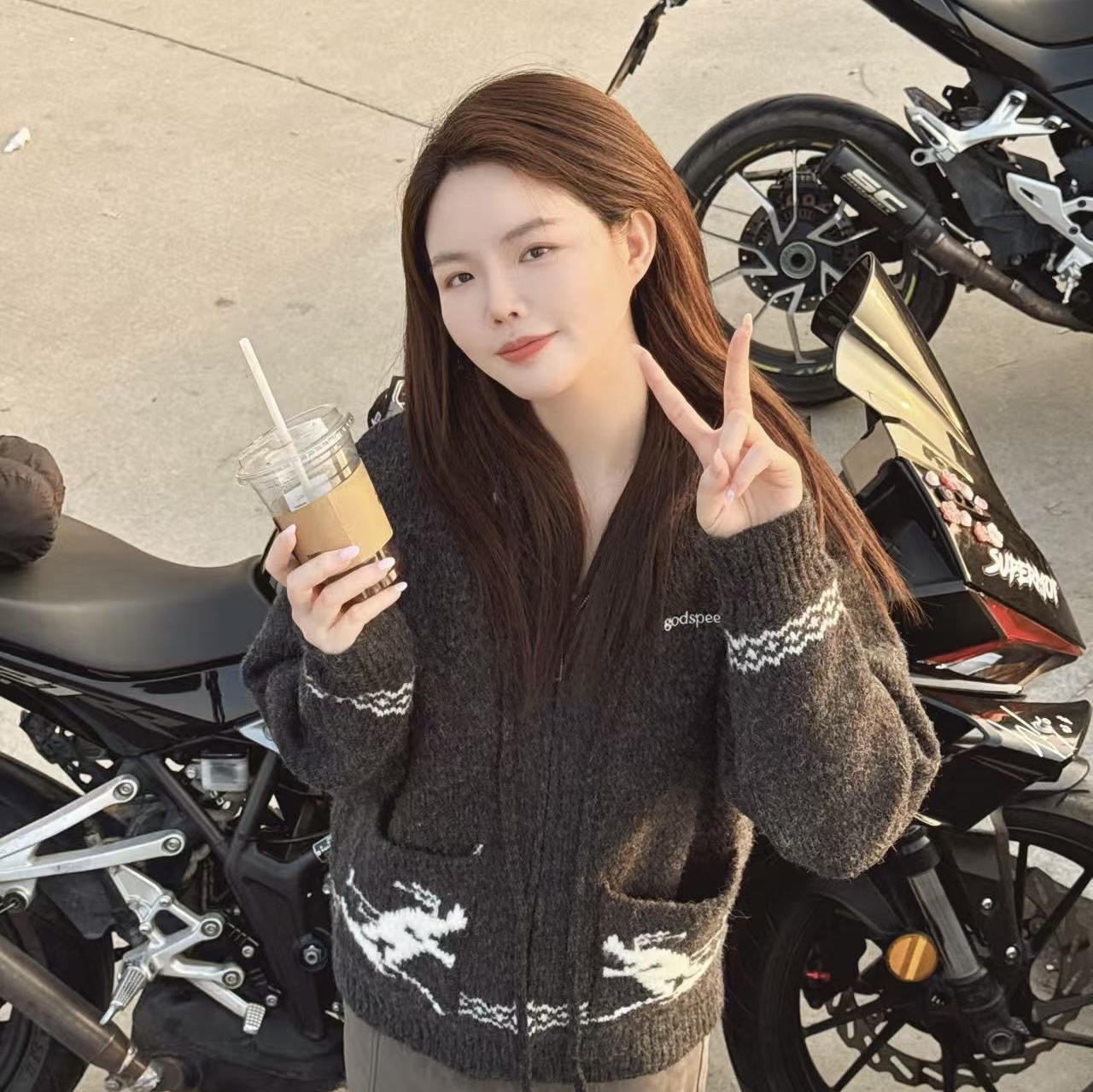 ODUOER【实体同款】连帽小鹿勾花双拉链针织开衫女复古宽松慵懒毛衣