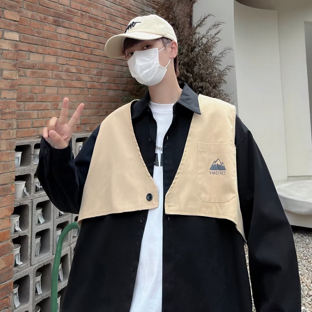 747春秋季假两件长袖衬衫男女港风潮流ins宽松工装痞帅衬衣