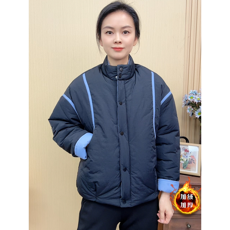 2025新款加绒厚款女士宽松时尚棉服拼接落肩袖休闲百搭气质上衣