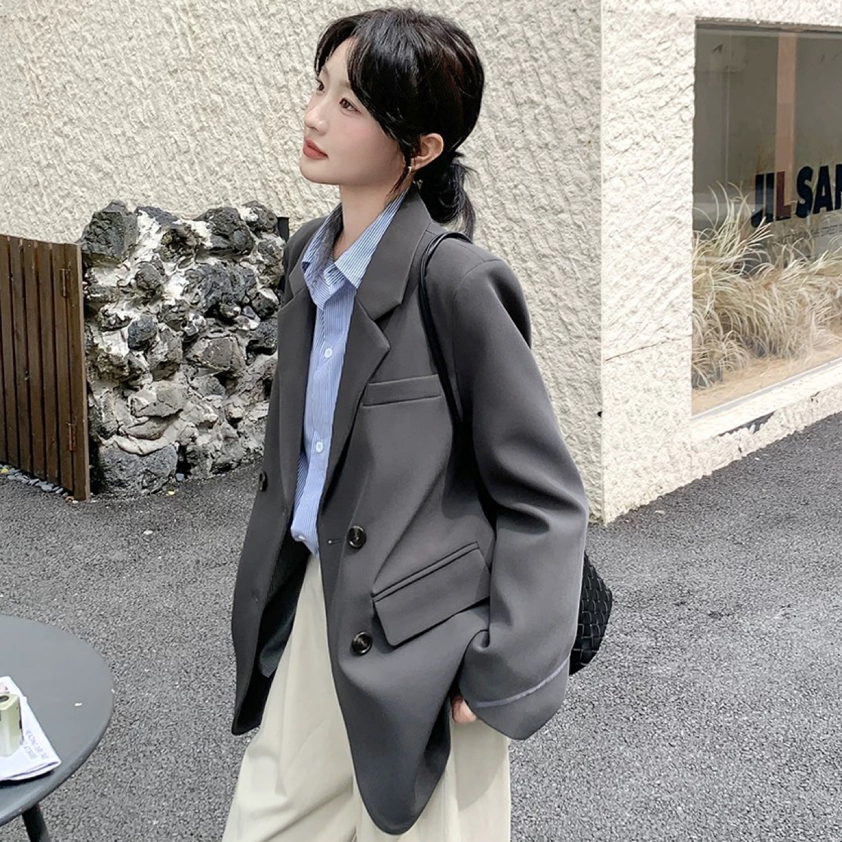 2301秋季新款女装长袖宽松双排扣西装领外套气质百搭