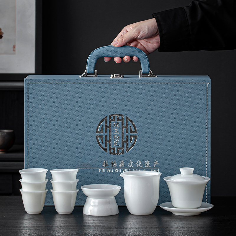 冰种玉瓷家用泡茶简约盖碗茶具高档礼盒套装轻奢商务礼品节日送礼