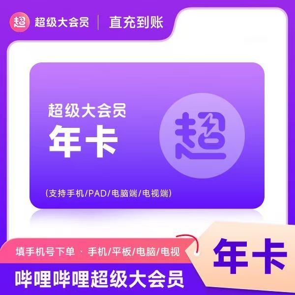 哔哩哔哩超级大会员年卡12个月bilibili填手机号直充支持电视端