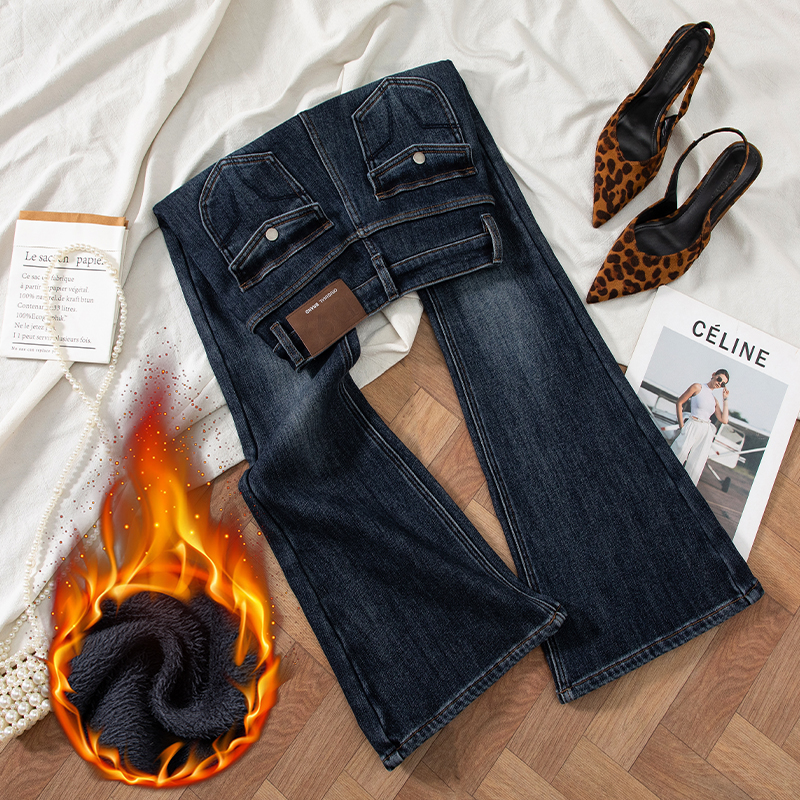 雾霾蓝灰高腰微喇牛仔裤女2025秋季新款弹力修身梨形身材喇叭裤子