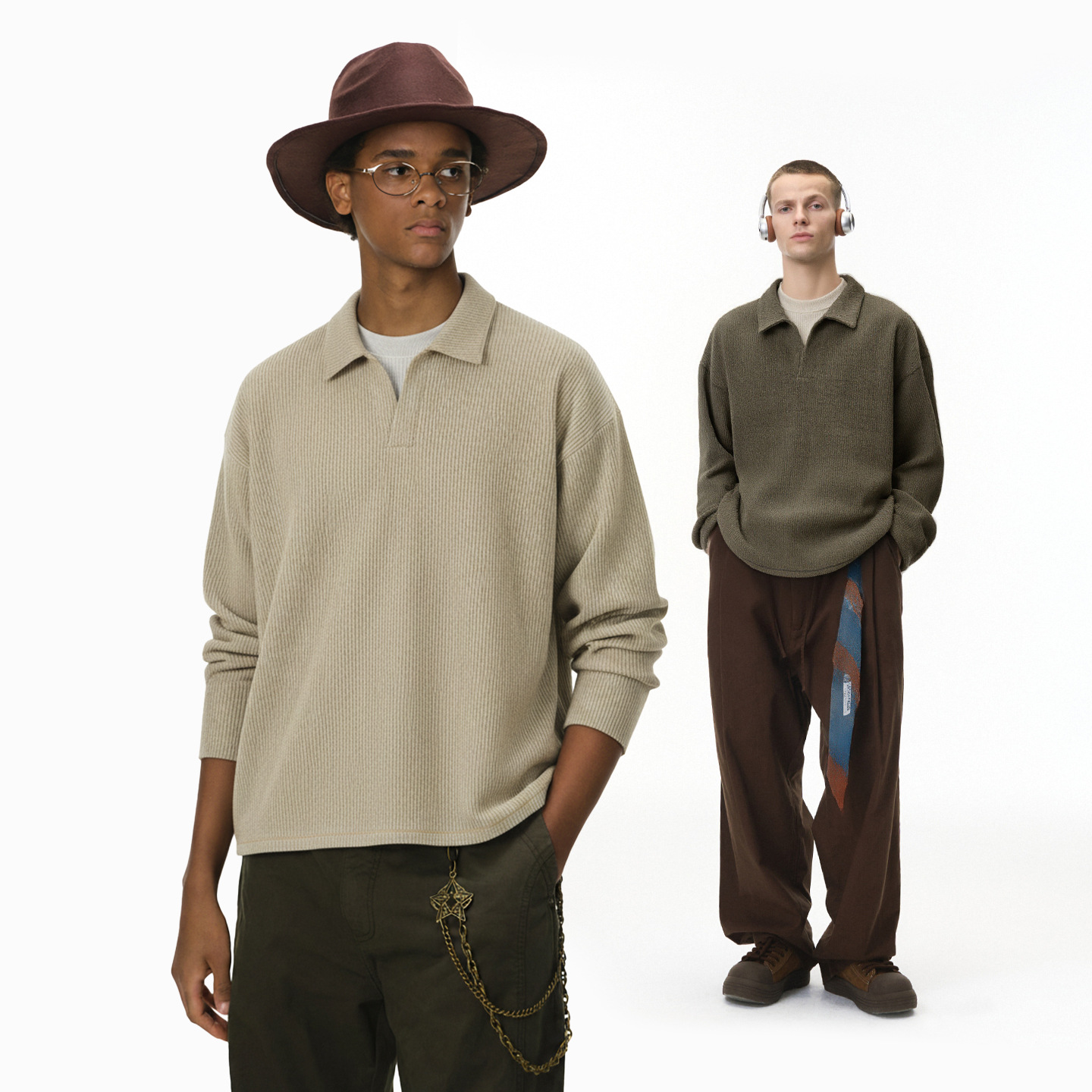 AHUO STUDIO 老钱假两件拼接长袖25秋季新品美式复古翻领针织衫