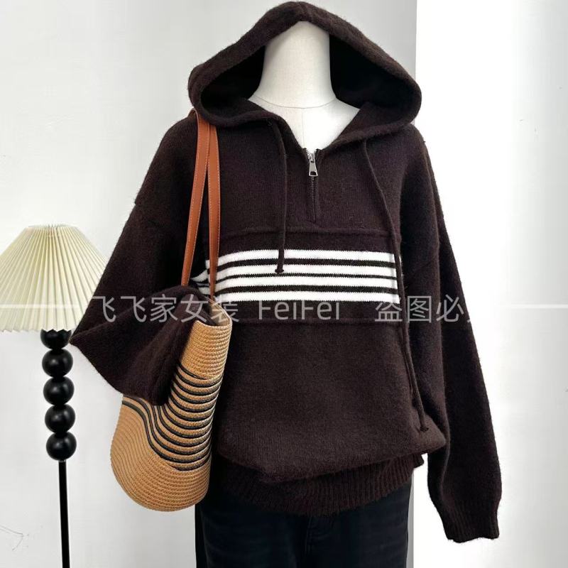 飞飞家~韩系条纹撞色卫衣 慵懒感#连帽针织衫显白洋气女Y9156咖