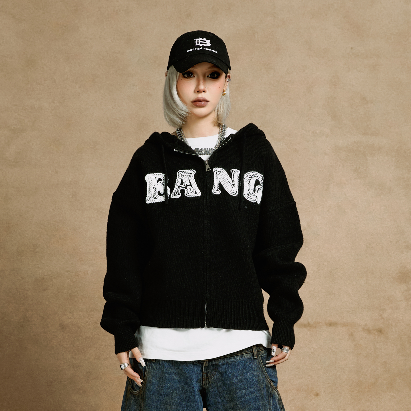 邦BANG 线绣拉链连帽针织毛衣连帽衫外套