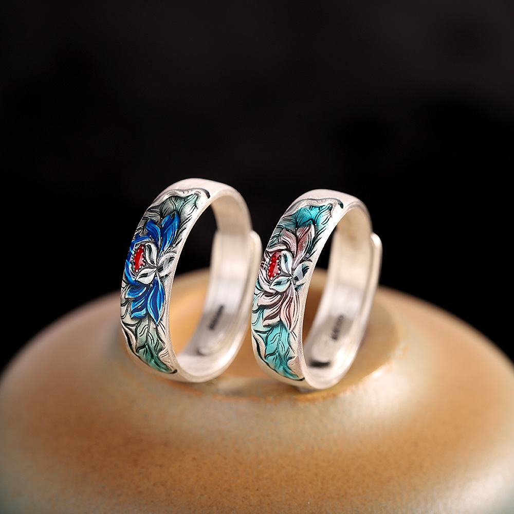 足银戒指 999简约时尚滴胶烧蓝莲花戒指复古女士百搭开口指环