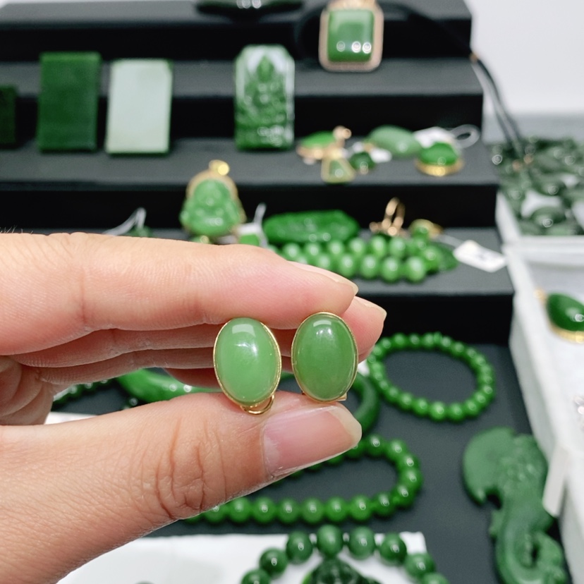 【闪购商品】和田玉（碧玉）耳饰银S925镀金镶嵌