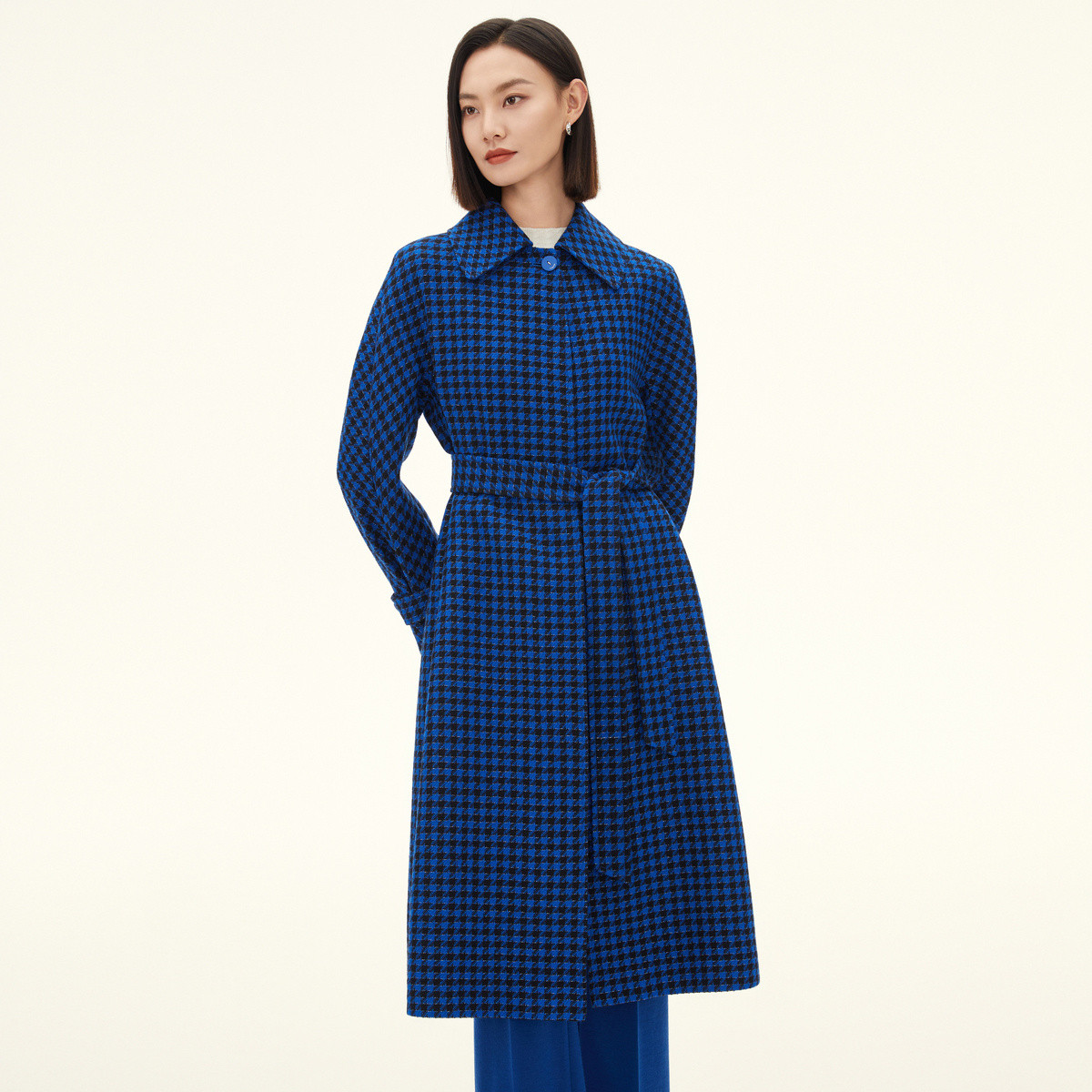 【CC专属】毛呢外套花瓣领25°蓝千鸟格大衣25年冬季新款女