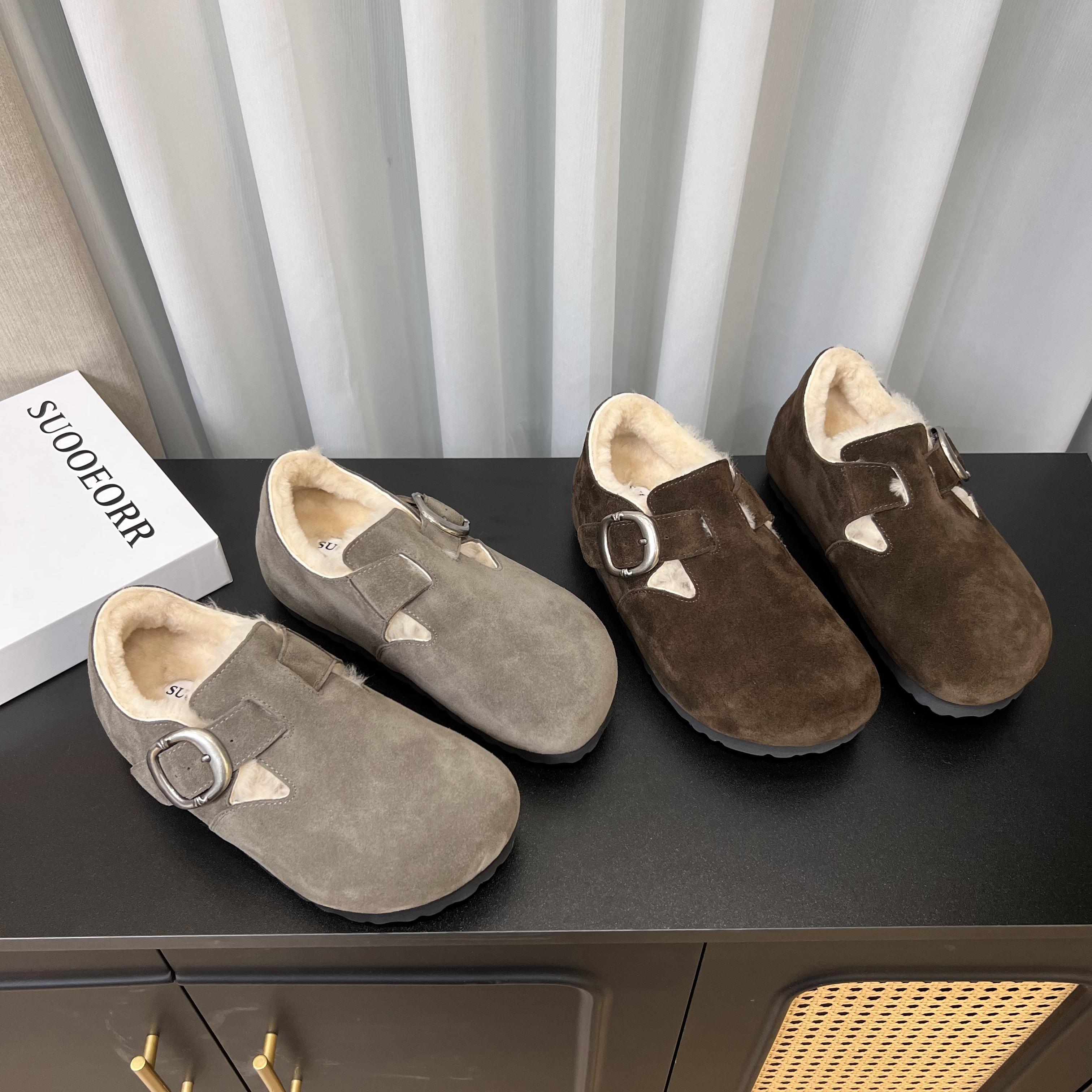 索尔欧货真皮女鞋2025冬季新款厚底加绒保暖羊毛棉鞋勃肯鞋乐福鞋