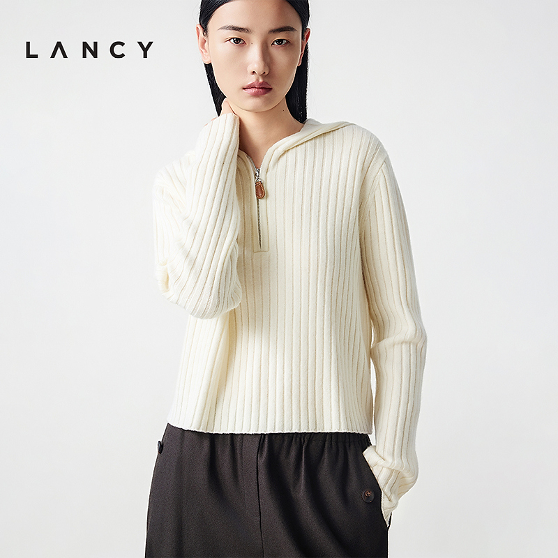 【羊毛羊绒】LANCY/朗姿2025冬新款老钱风连帽针织衫半拉链上衣女