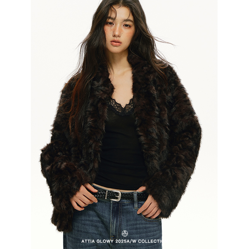 ATTIA GLOWY 定染中古色环保皮草女冬休闲高级感加厚保暖毛毛外套