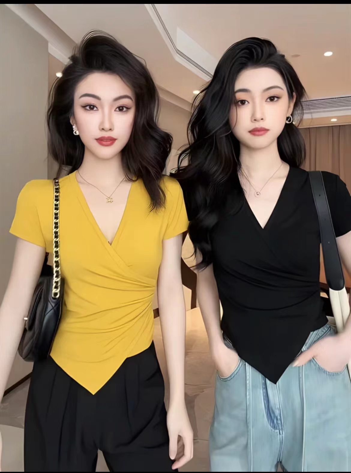 85135 春夏季新款女士V领不规则设计感上衣 F290 三楼