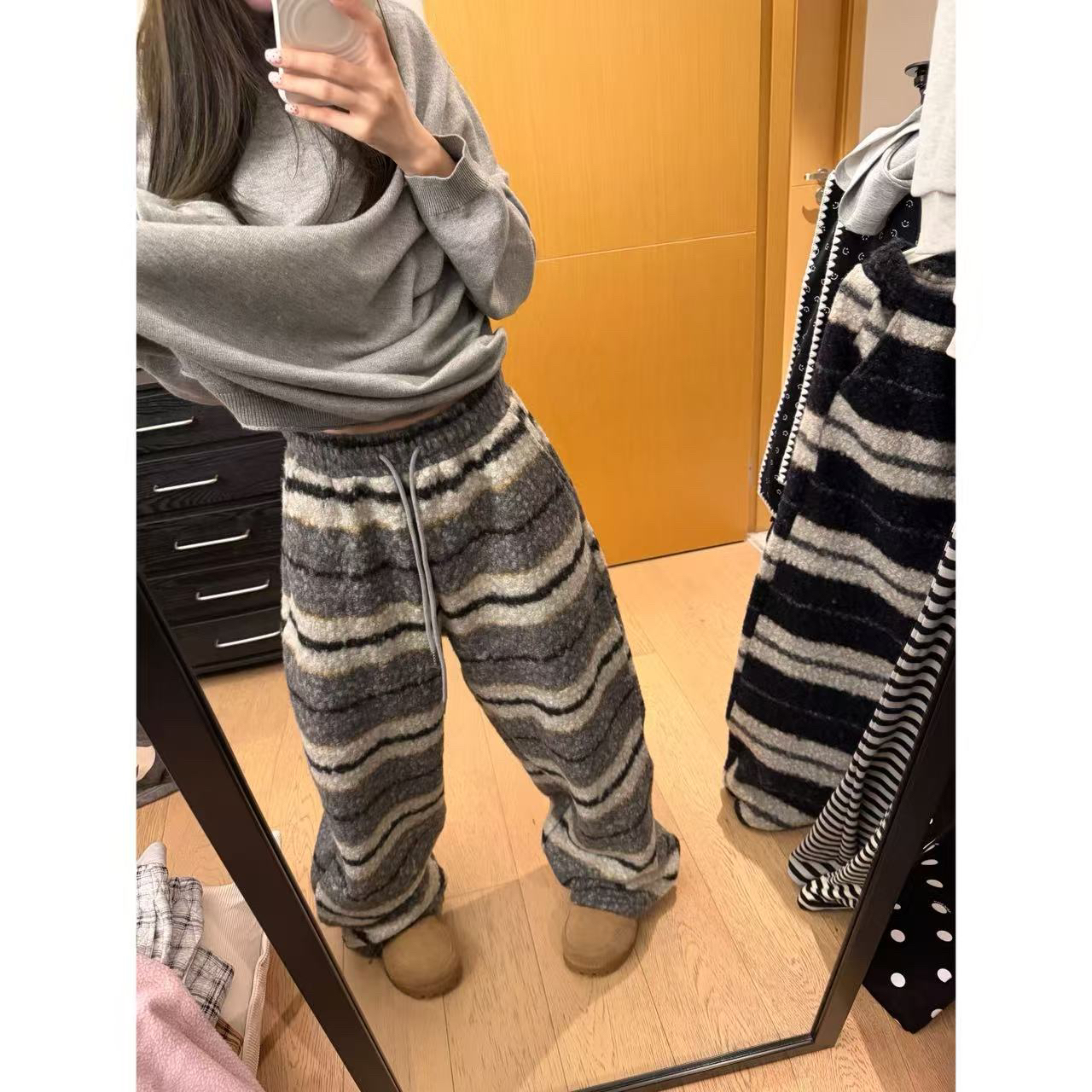 【陈碗饭】加厚圈圈绒保暖长裤条纹休闲直筒冬款233