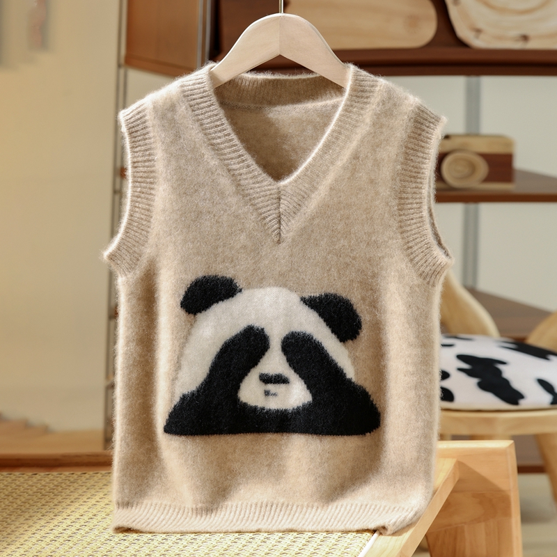 重工提花儿童马甲100%羊毛衫加厚坎肩男女童熊猫V领保暖内搭