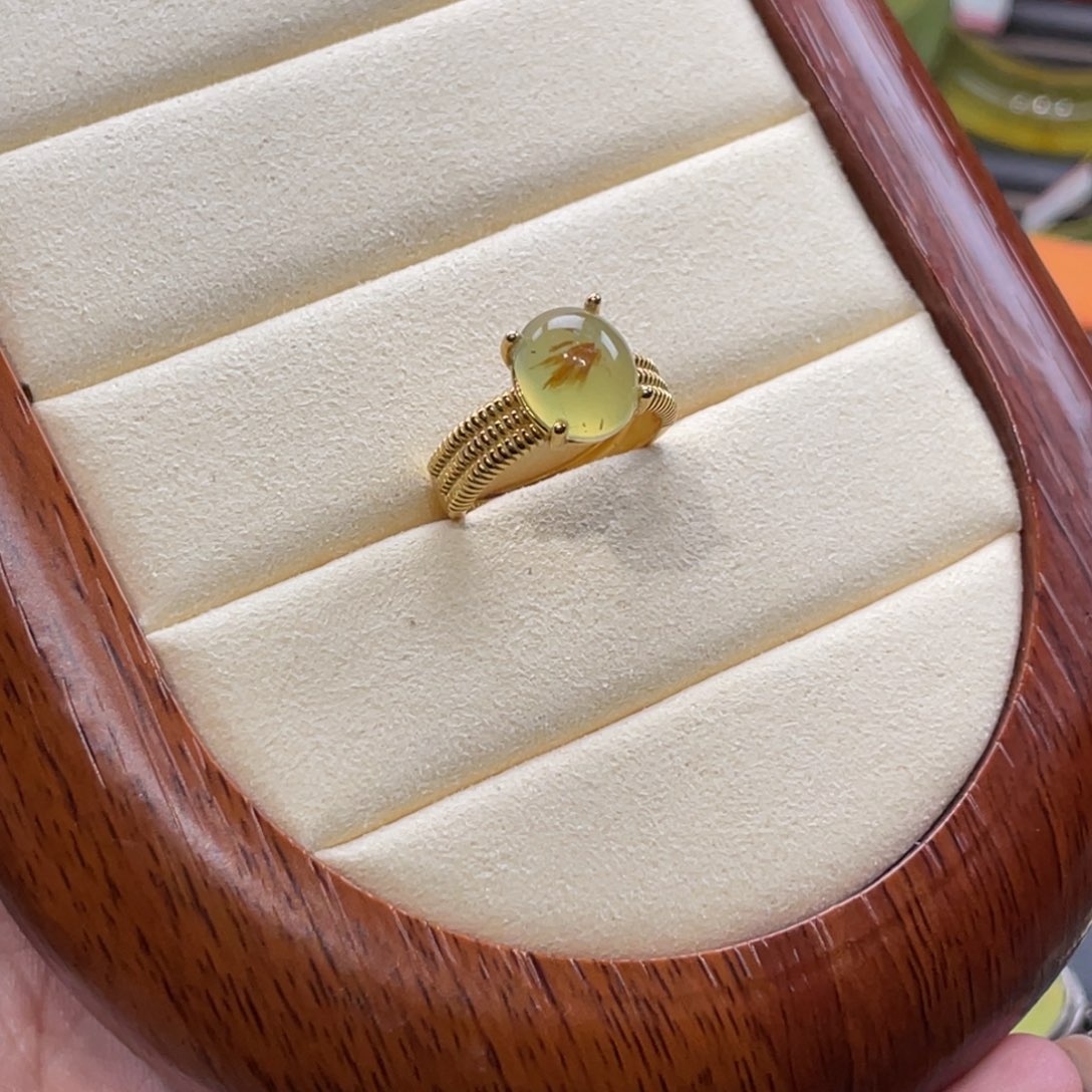 蛇纹石玉戒指银S925镀金镶嵌