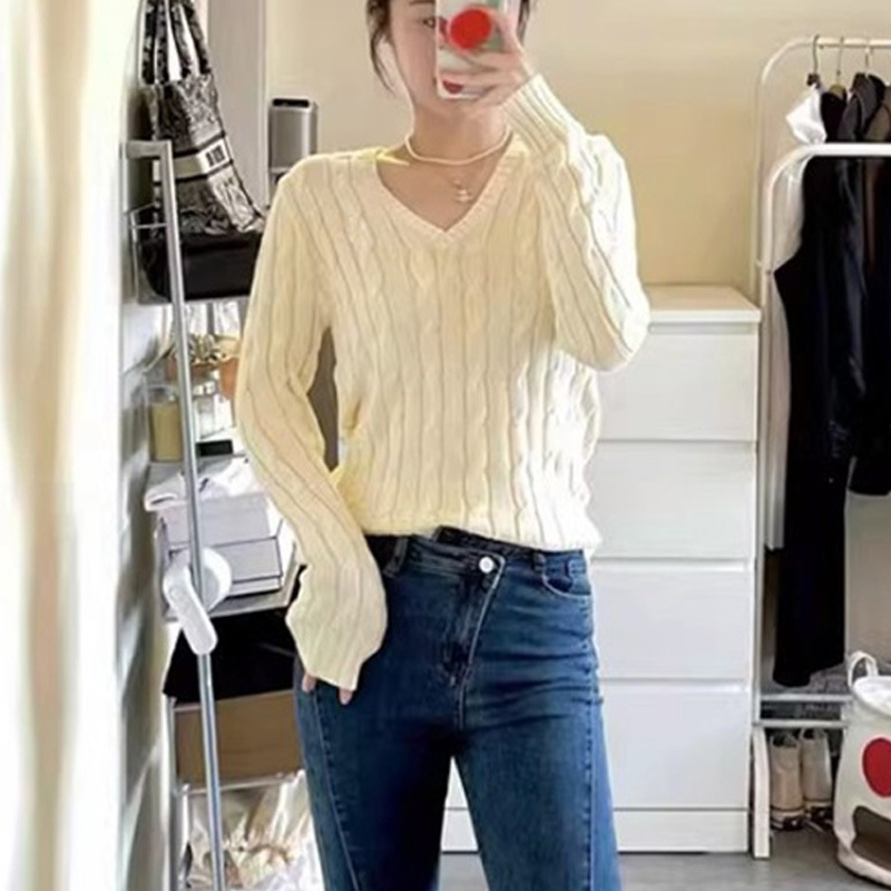 【小马外贸工厂】秋冬v领麻花针织衫女上衣
