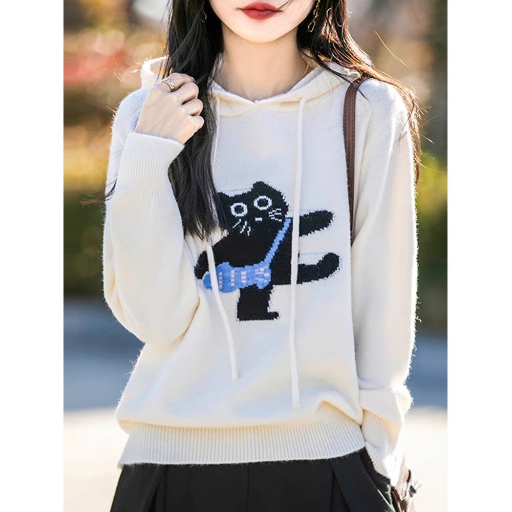 猫咪绣花卫衣春秋2025新款内搭洋气针织上衣大码女装秋冬短毛衣