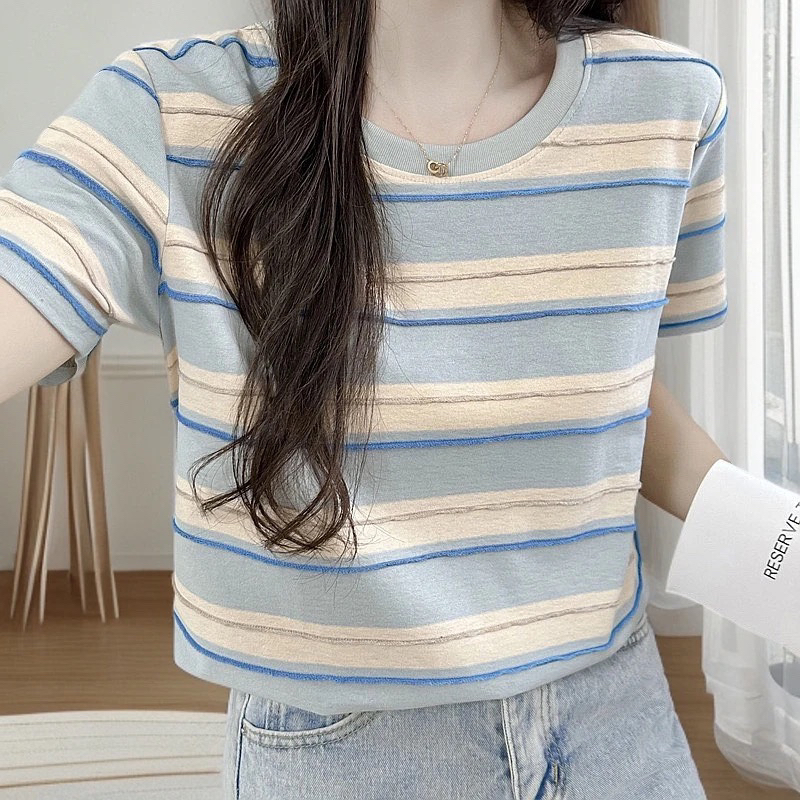 立体感提花小清新夏季撞色条纹减龄女款宽松遮肚显瘦百搭