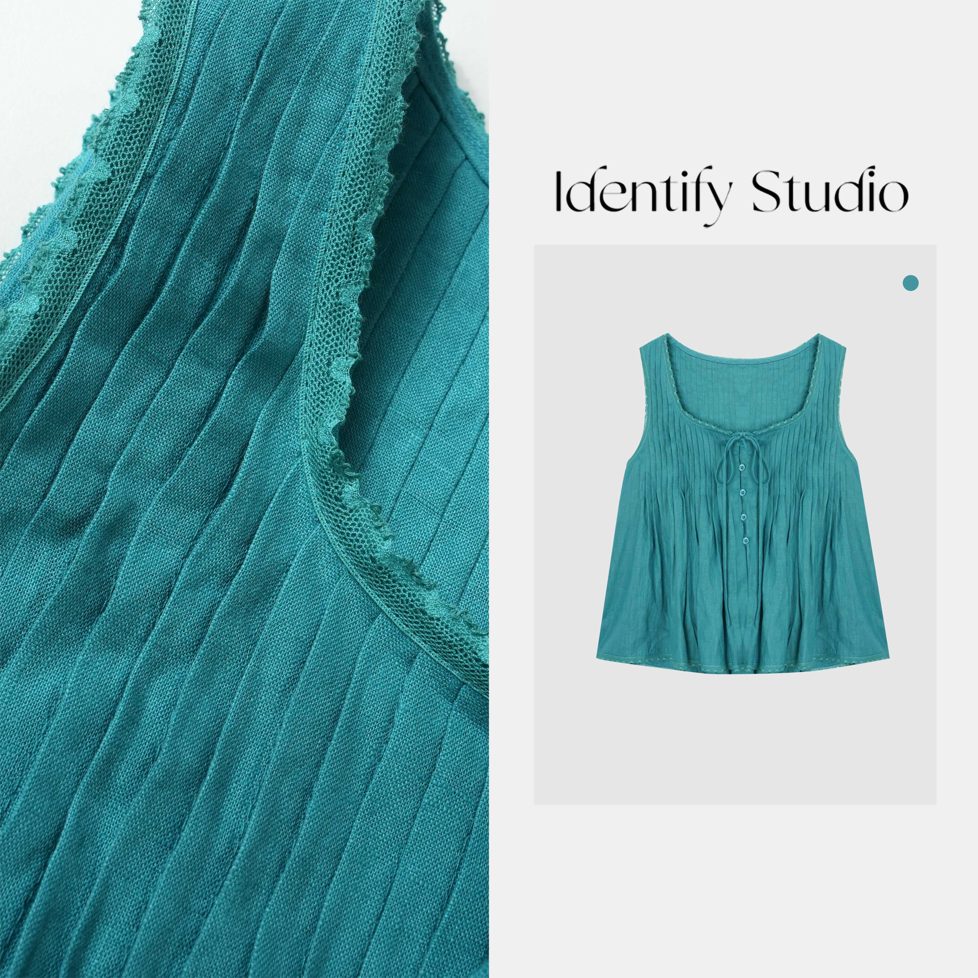 IDENTIFY“湖蓝”夏季新款时尚纯色设计感褶皱亚麻马甲25SSss07030