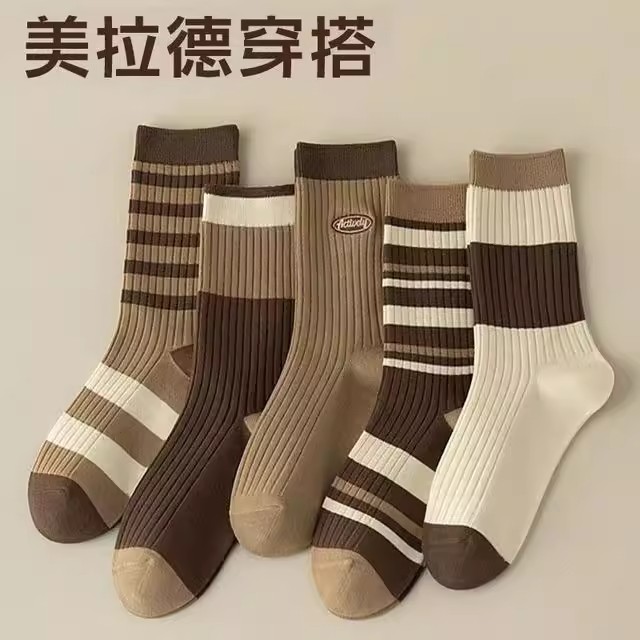 【10双】袜子女中筒春秋新款美德拉复古条纹ins百搭防臭学生长袜