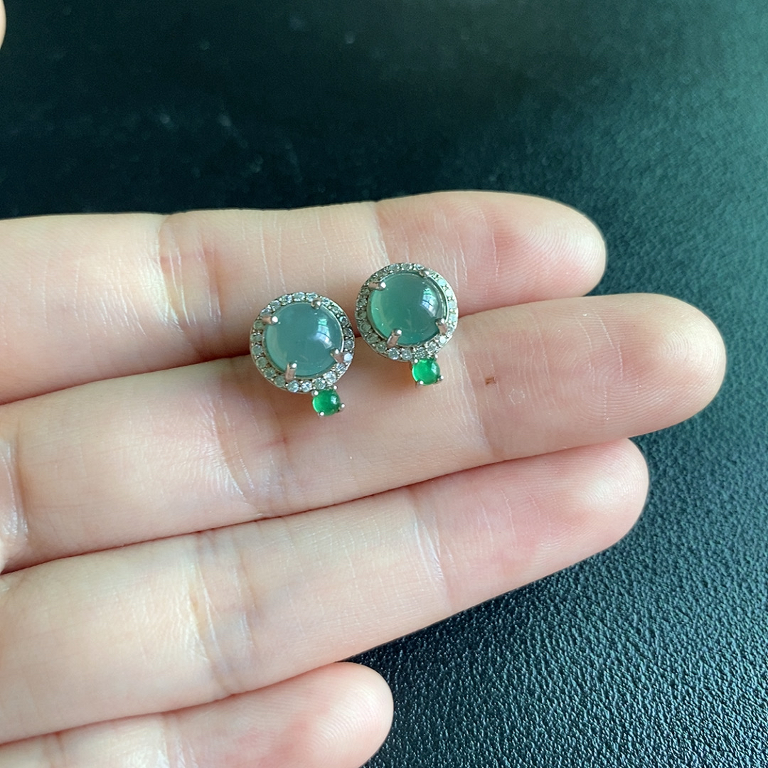 S925银镶翡翠蛋面耳钉耳饰高冰绿耳环翡翠耳饰银镀珠宝精致精美