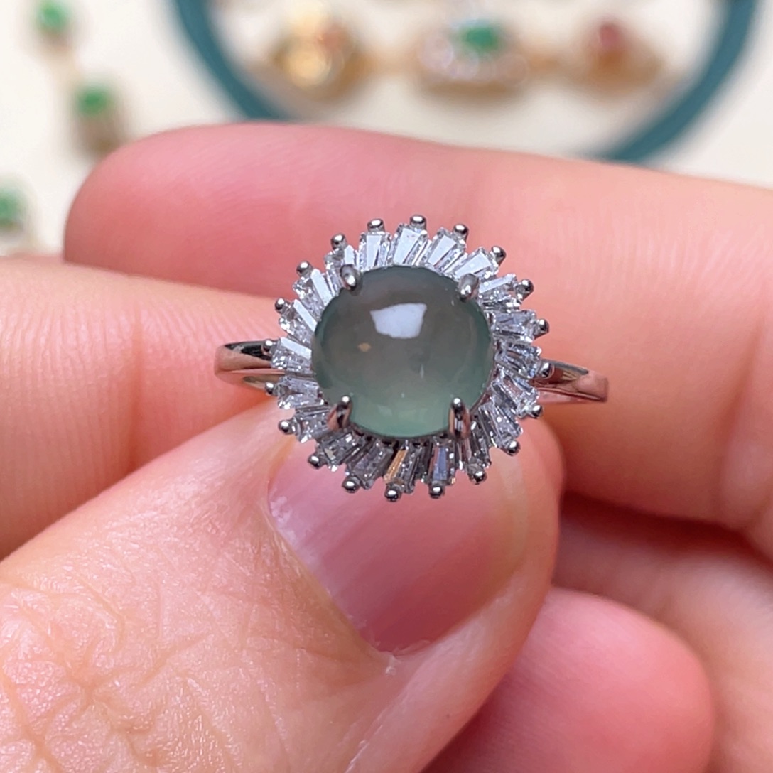 翡翠戒指银S925镶嵌纯天然缅甸翡翠