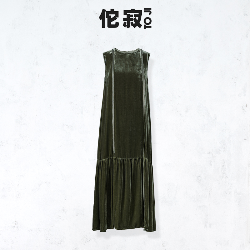 佗寂时尚文艺春季桑蚕丝休闲日常无袖绿色真丝丝绒连衣裙AJN4L691