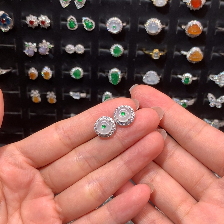 茶***.翡翠银S925镶嵌戒指耳钉