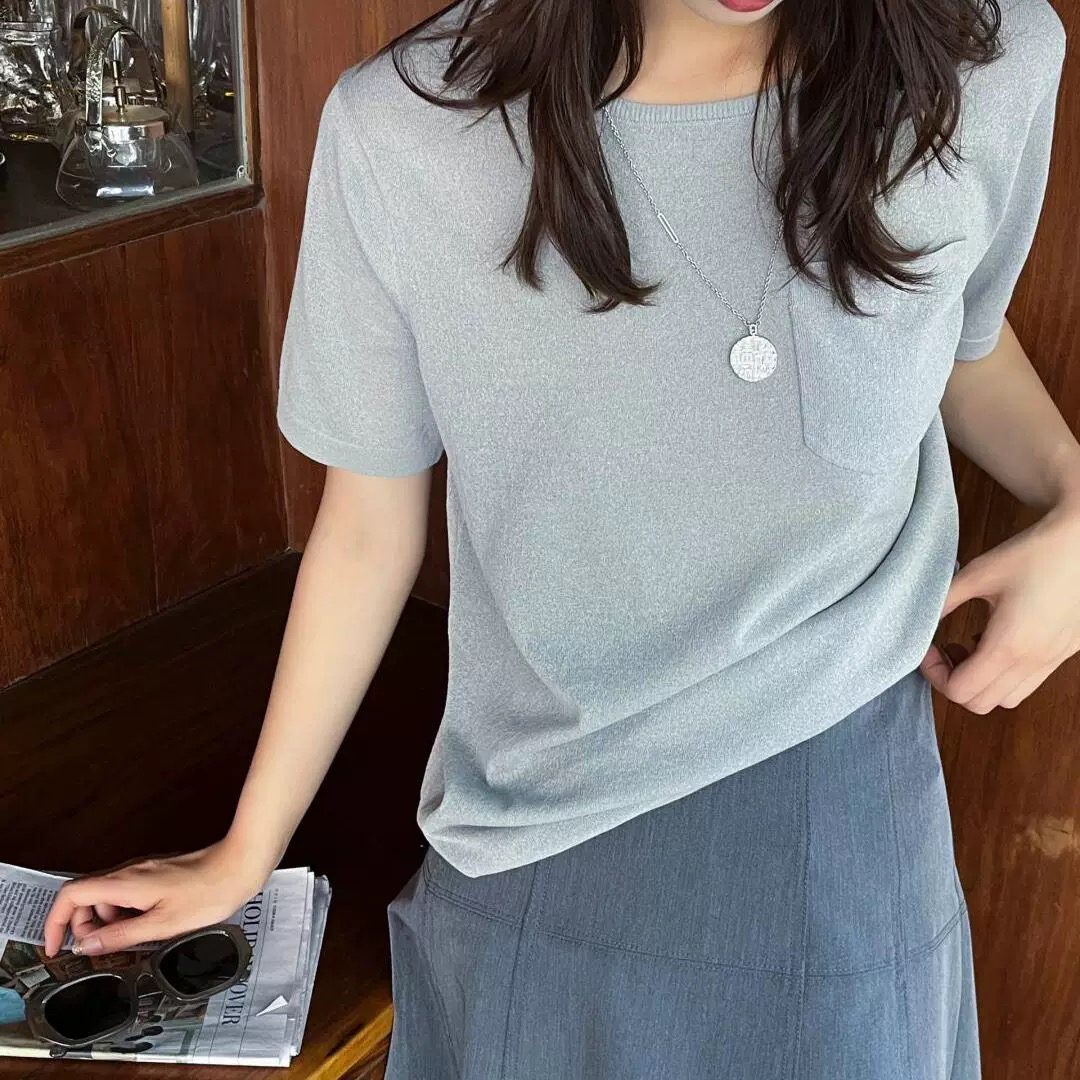 no退no换阿家通勤质感圆领套头口袋短袖休闲针织衫女上衣