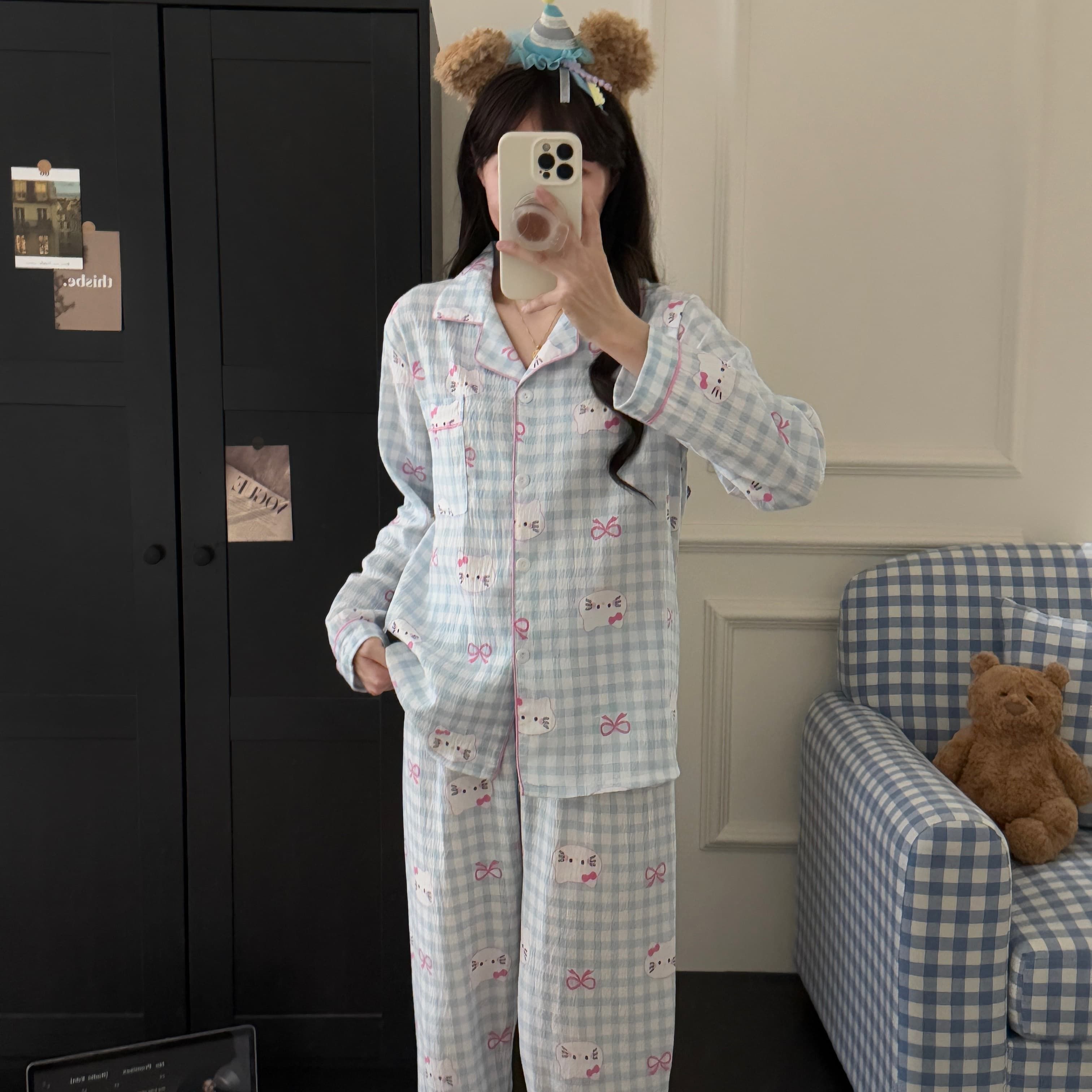 2025新款蝴蝶结KK猫甜美云朵棉长袖长裤睡衣女夏季居家空调服套装