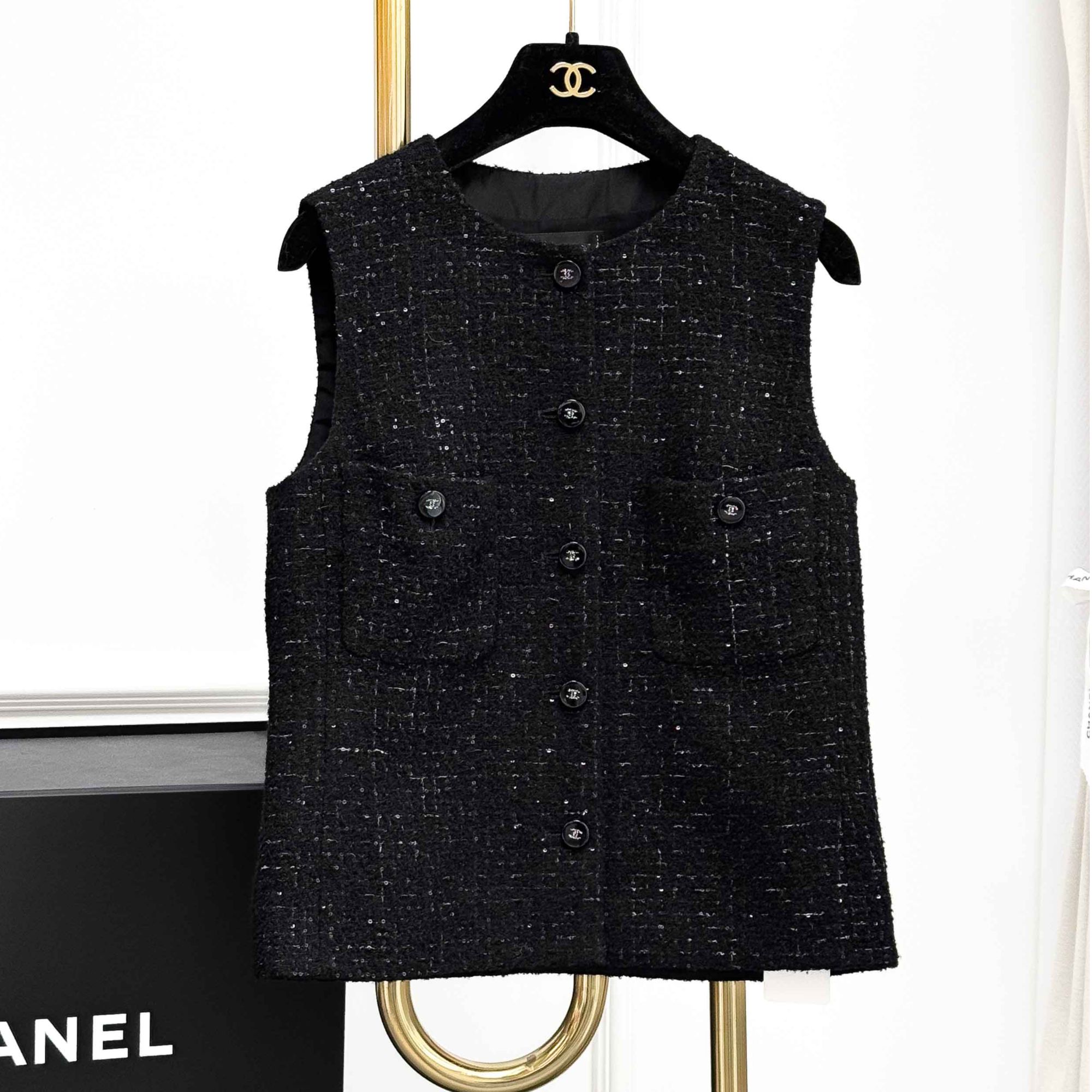 99新 Chanel/香奈儿 34码24B黑色粗花呢细闪亮片编织马甲