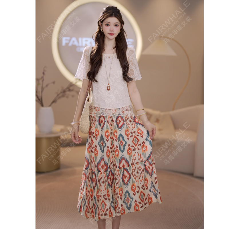 【套装】马克华菲女装法式高级刺绣套装气质蕾丝小衫半身裙两件套 X