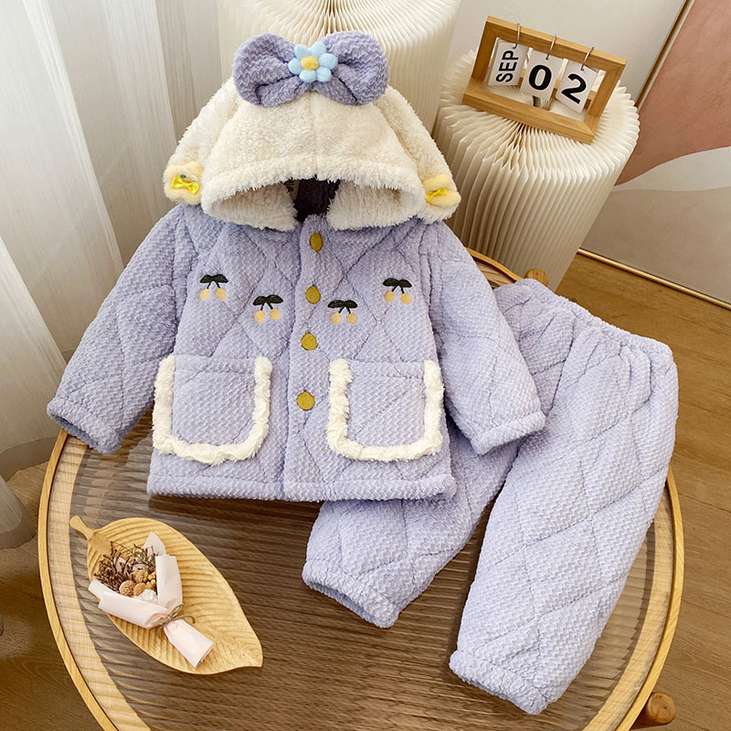 女童睡衣冬款牛奶绒三层夹棉加厚冬季儿童女孩洋气卡通短绒家居服