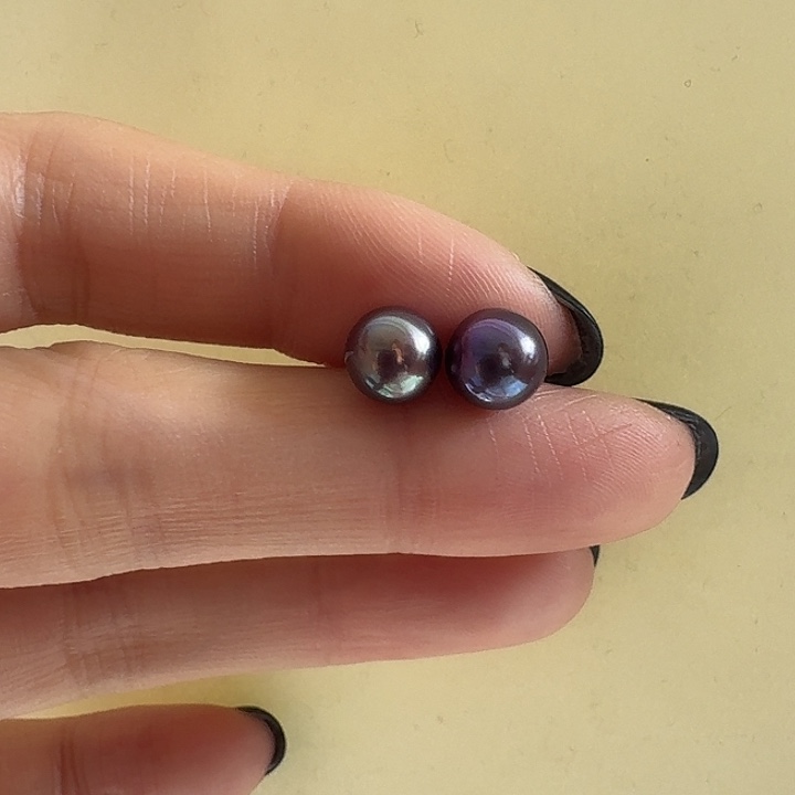 淡水珍珠耳饰银S925镶嵌7-8mm紫珠素钉