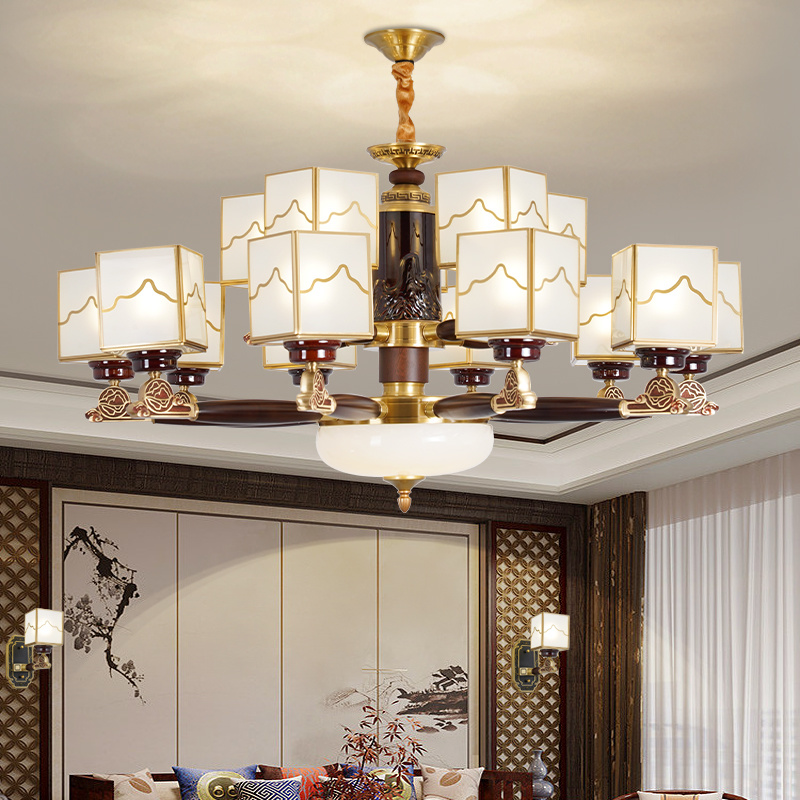 全铜乌金木新中式大吊灯设计感中国风禅意简约大气别墅家用全铜灯