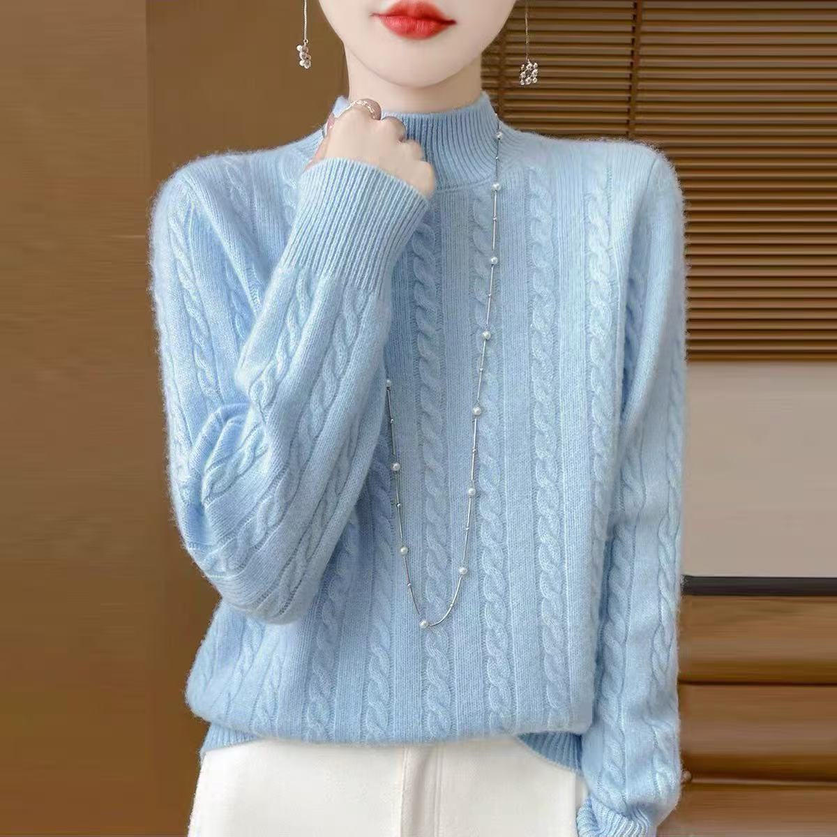 100羊毛刺绣半高领7针加厚毛衣女百搭厚款毛衫