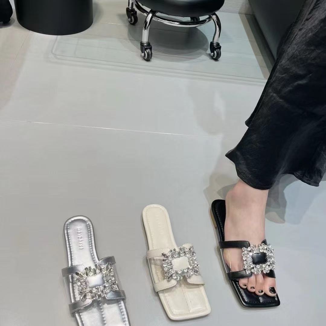 758823水钻纯色防滑薄款夏季平底一字拖休闲机能潮鞋凉鞋拖鞋