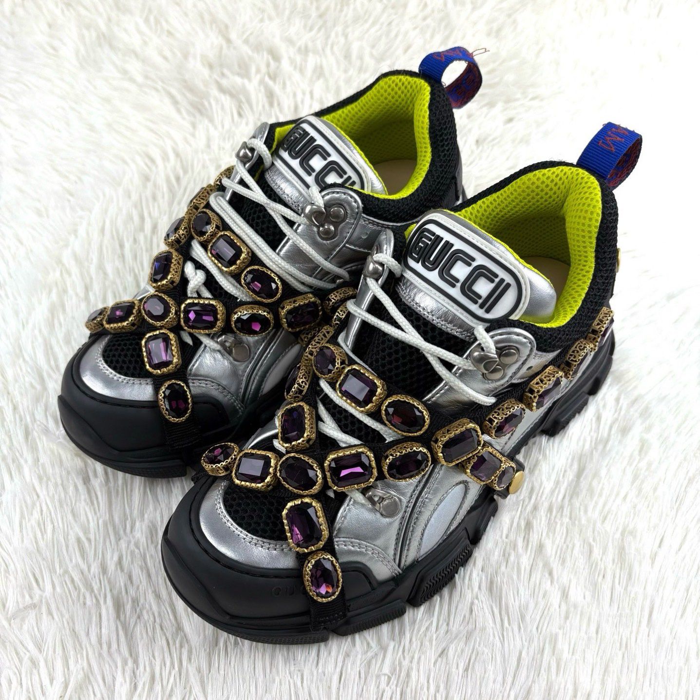 95新 GUCCI/古驰 银色宝石链条厚底老爹鞋38码
