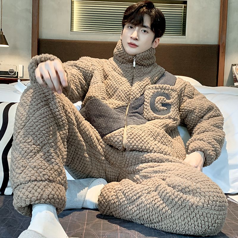 新款棉服睡衣男冬加绒加厚珊瑚绒三层夹棉简约休闲家居服保暖套装