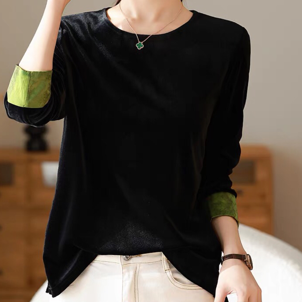 新中式复古撞色拼接丝绒长袖T恤女2025秋季高级感超好看国风上衣