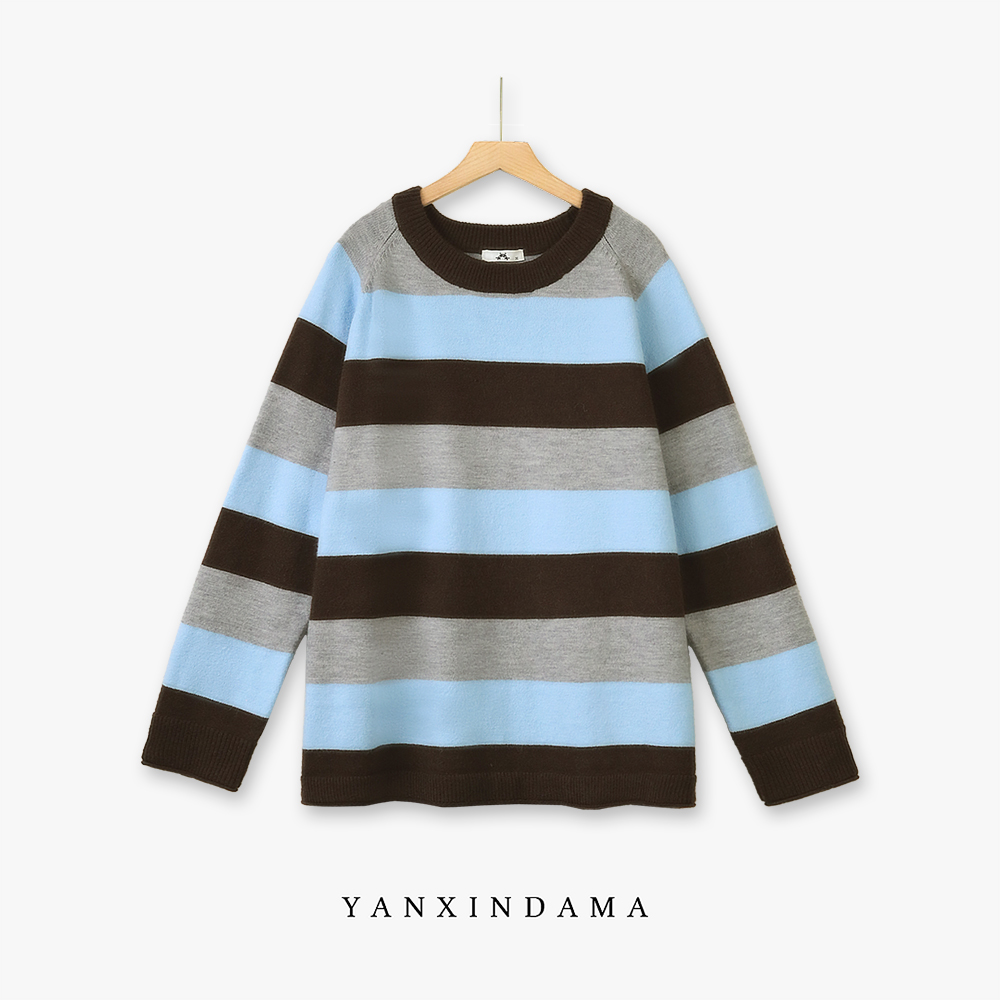 大码女装300斤胖MM韩版慵懒风复古撞色条纹圆领针织衫10282