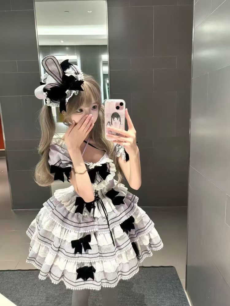 新款黑紫条纹小兔Lolita裙蝴蝶结公主裙子日系暗黑