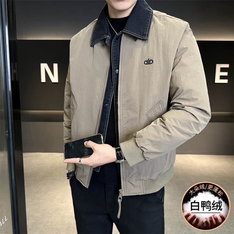 2025冬季新款韩版时尚百搭加绒加厚牛仔拼接保暖男士羽绒服